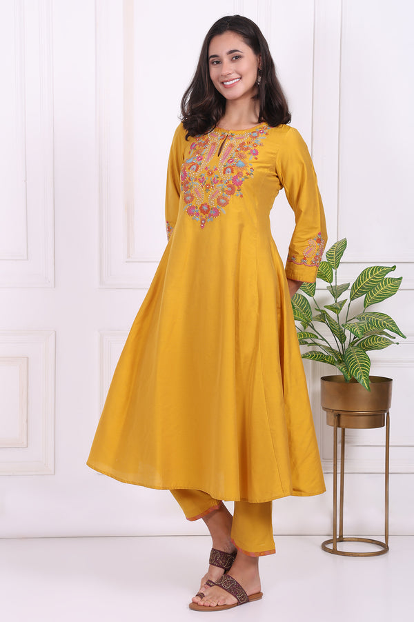 Yellow Embroidered Straight Kurta and Pants Co-ord Set