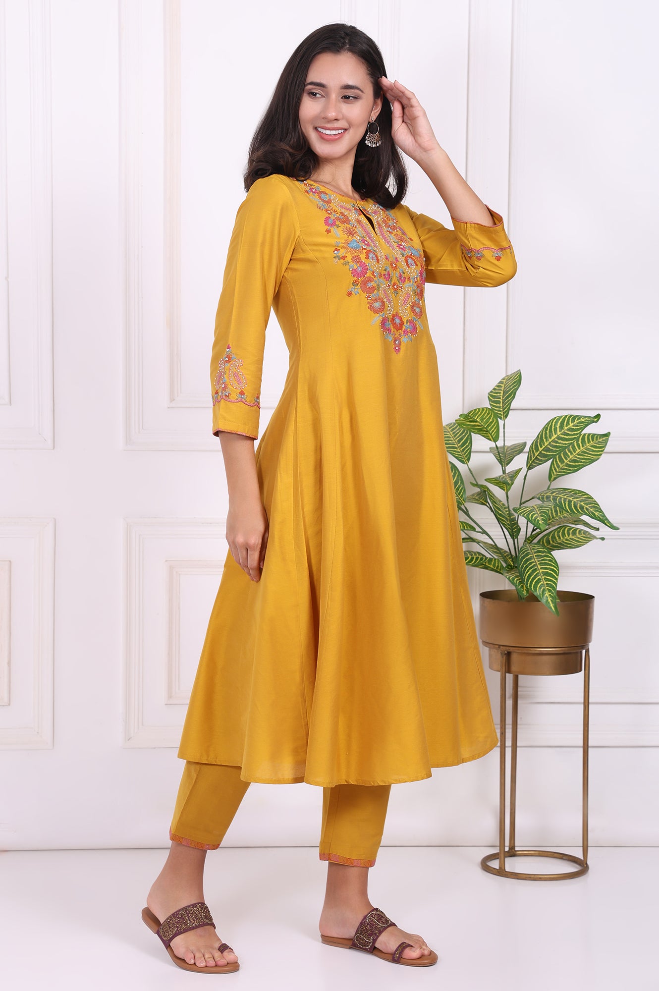 Yellow Embroidered Flared Kurta