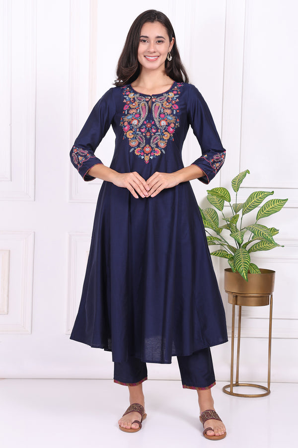 Navy Blue Embroidered Flared Kurta