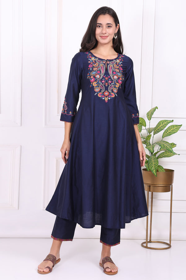 Navy Blue Embroidered Flared Kurta