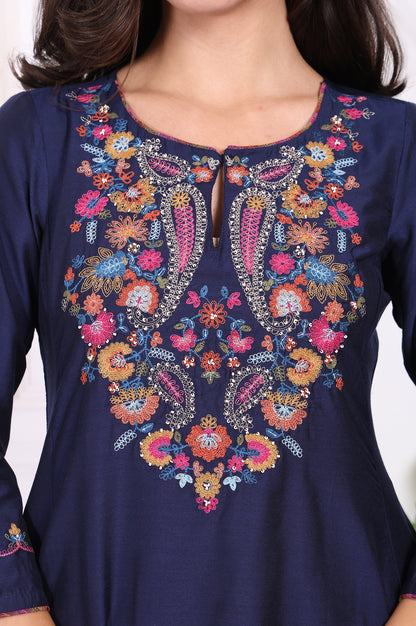 Navy Blue Embroidered Straight Kurta and Pants Co-ord Set