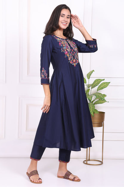 Navy Blue Embroidered Straight Kurta and Pants Co-ord Set