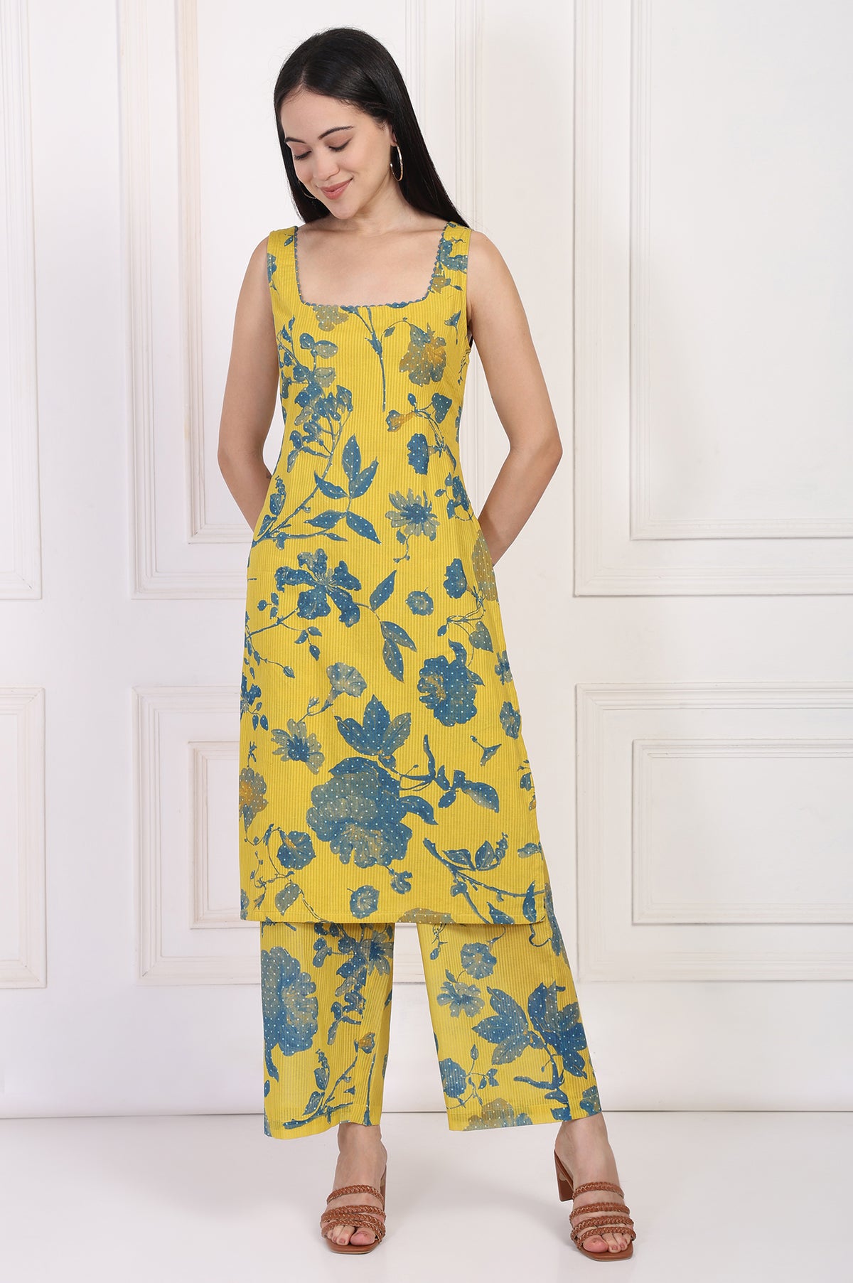 Yellow Floral Printed Cotton Straight Kurta with Parallel Pant Set - XS