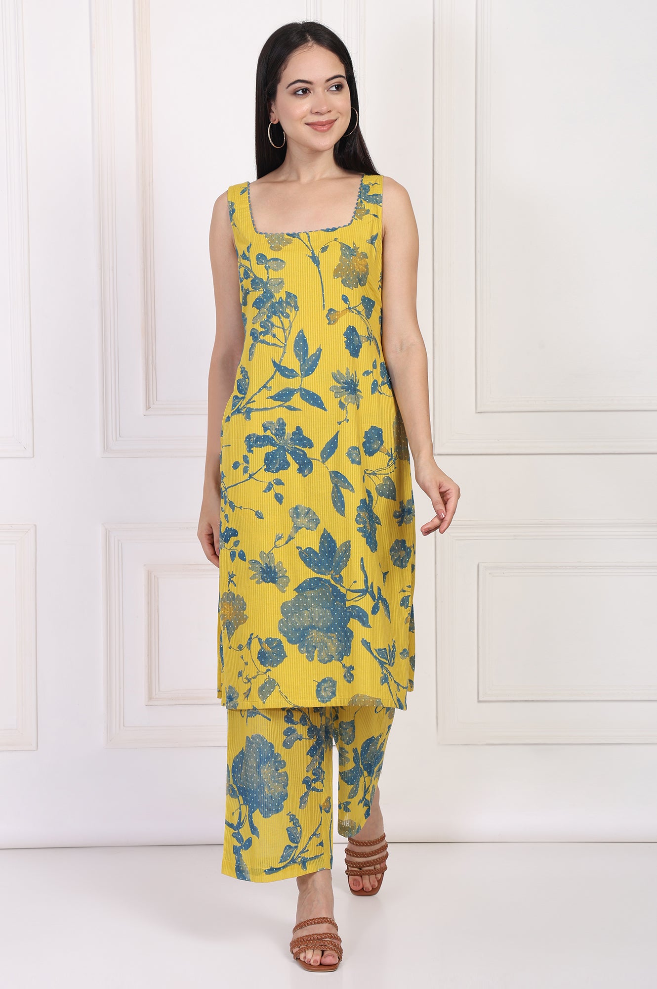 Yellow Floral Printed Cotton Straight Kurta with Parallel Pant Set