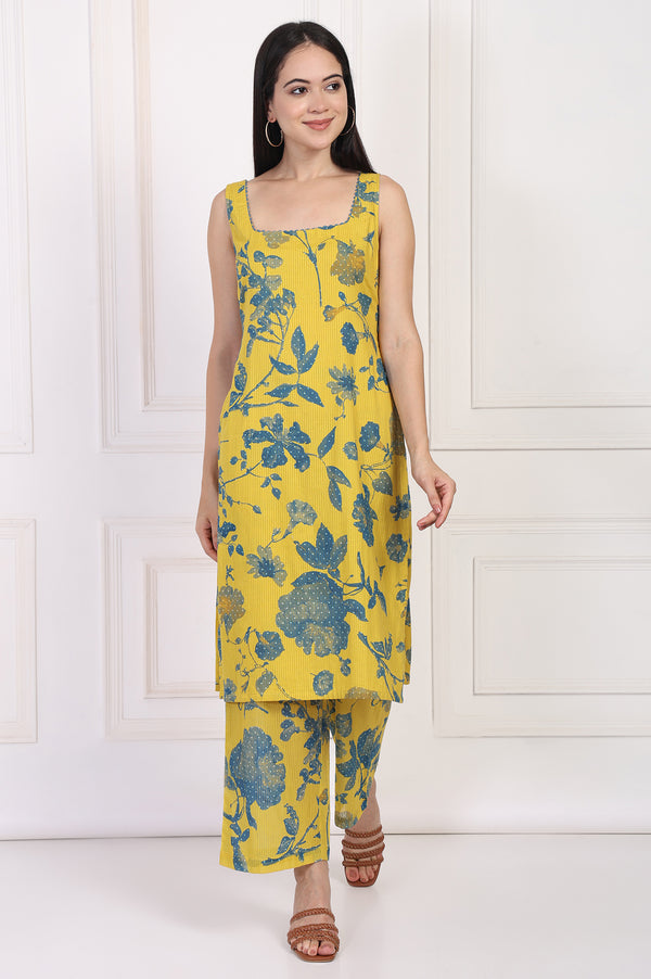 Yellow Floral Printed Cotton Straight Kurta with Parallel Pant Set