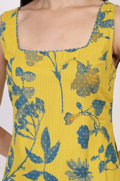 Yellow Floral Printed Cotton Straight Kurta with Parallel Pant Set