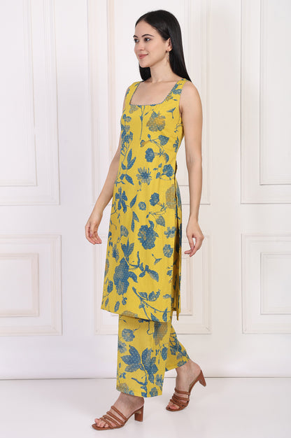 Yellow Floral Printed Cotton Straight Kurta with Parallel Pant Set