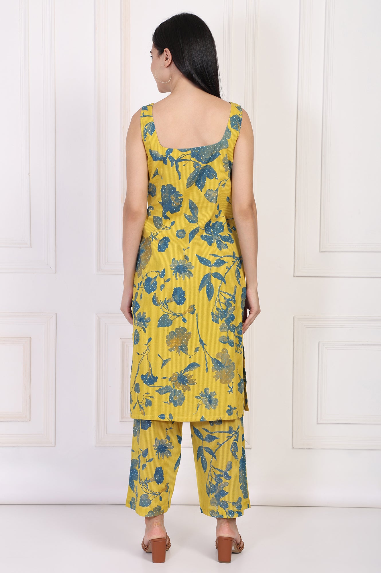 Yellow Floral Printed Cotton Straight Kurta with Parallel Pant Set