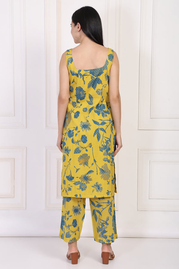 Yellow Floral Printed Cotton Straight Kurta with Parallel Pant Set