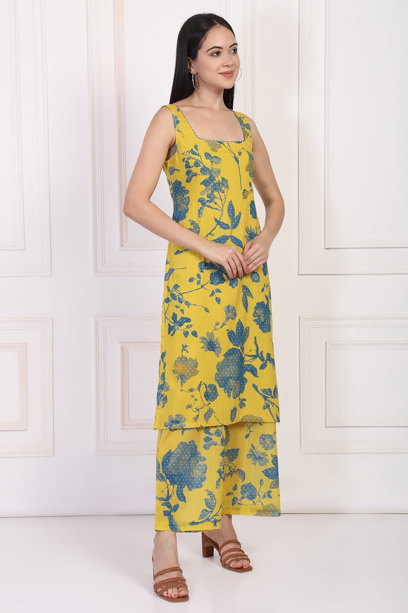 Yellow Floral Printed Cotton Straight Kurta with Parallel Pant Set
