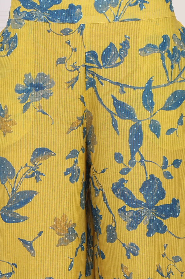 Yellow Floral Printed Cotton Straight Kurta with Parallel Pant Set