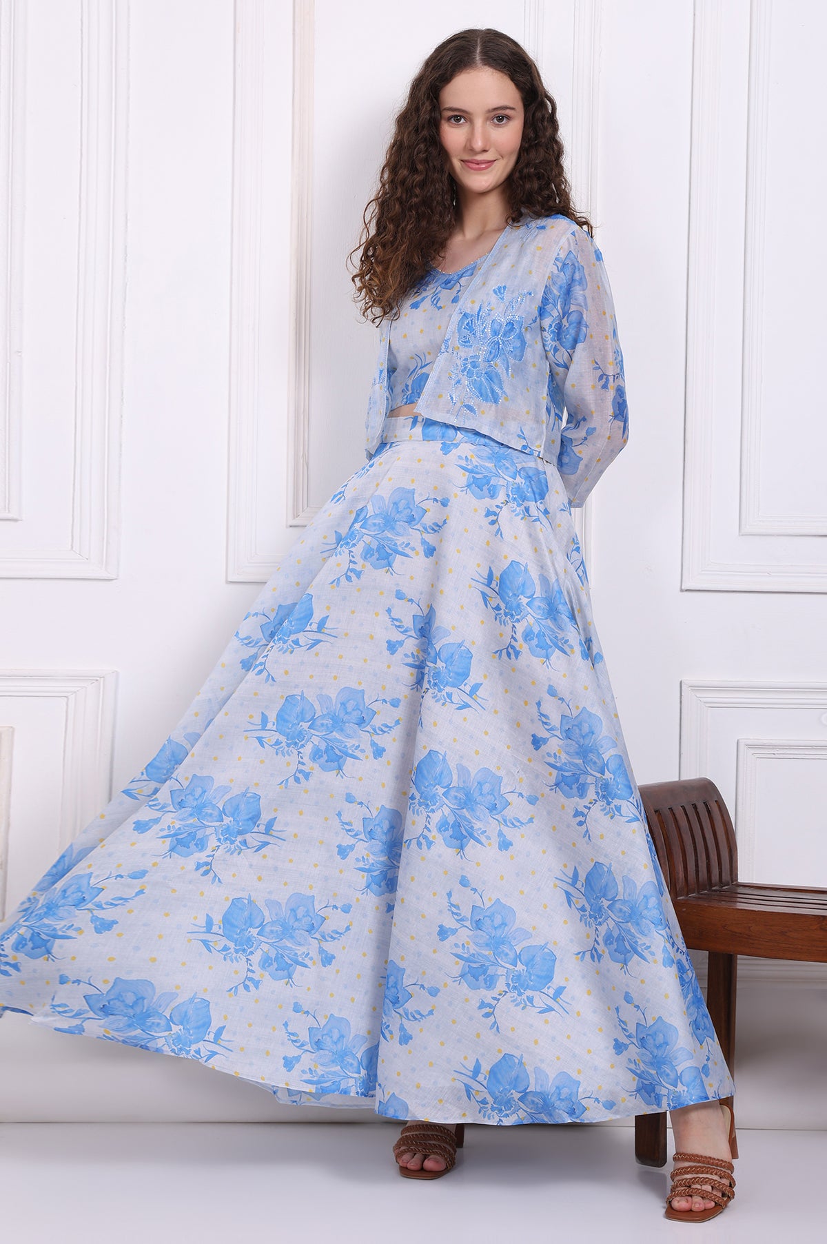 Dusty Blue Spaghetti Crop Top, Embroidered Jacket and Skirt Set - XS