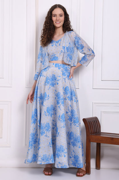 Dusty Blue Spaghetti Crop Top, Embroidered Jacket and Skirt Set