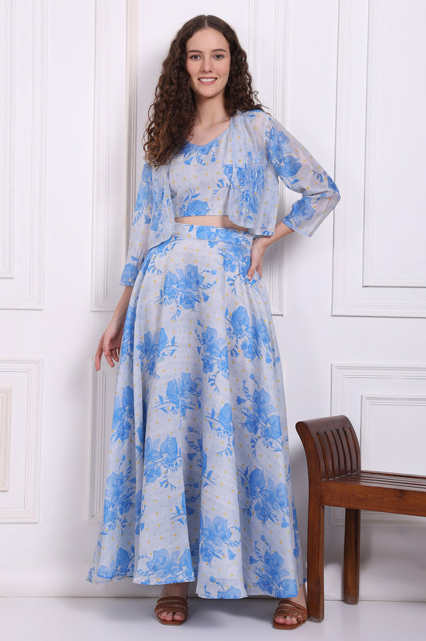 Dusty Blue Spaghetti Crop Top, Embroidered Jacket and Skirt Set