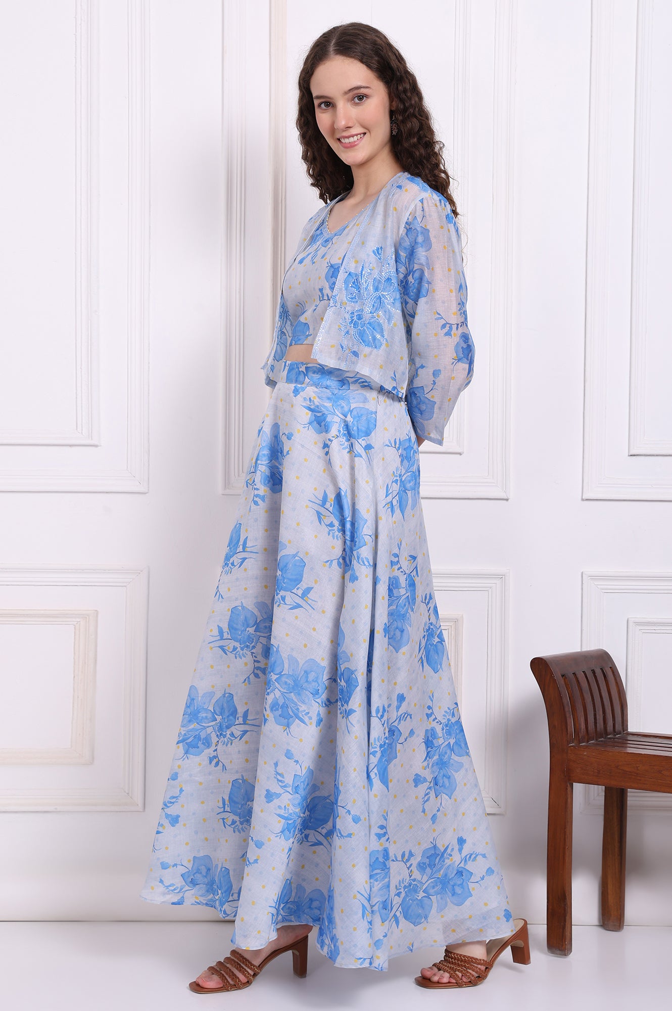 Dusty Blue Spaghetti Crop Top, Embroidered Jacket and Skirt Set