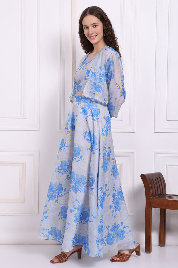 Dusty Blue Spaghetti Crop Top, Embroidered Jacket and Skirt Set