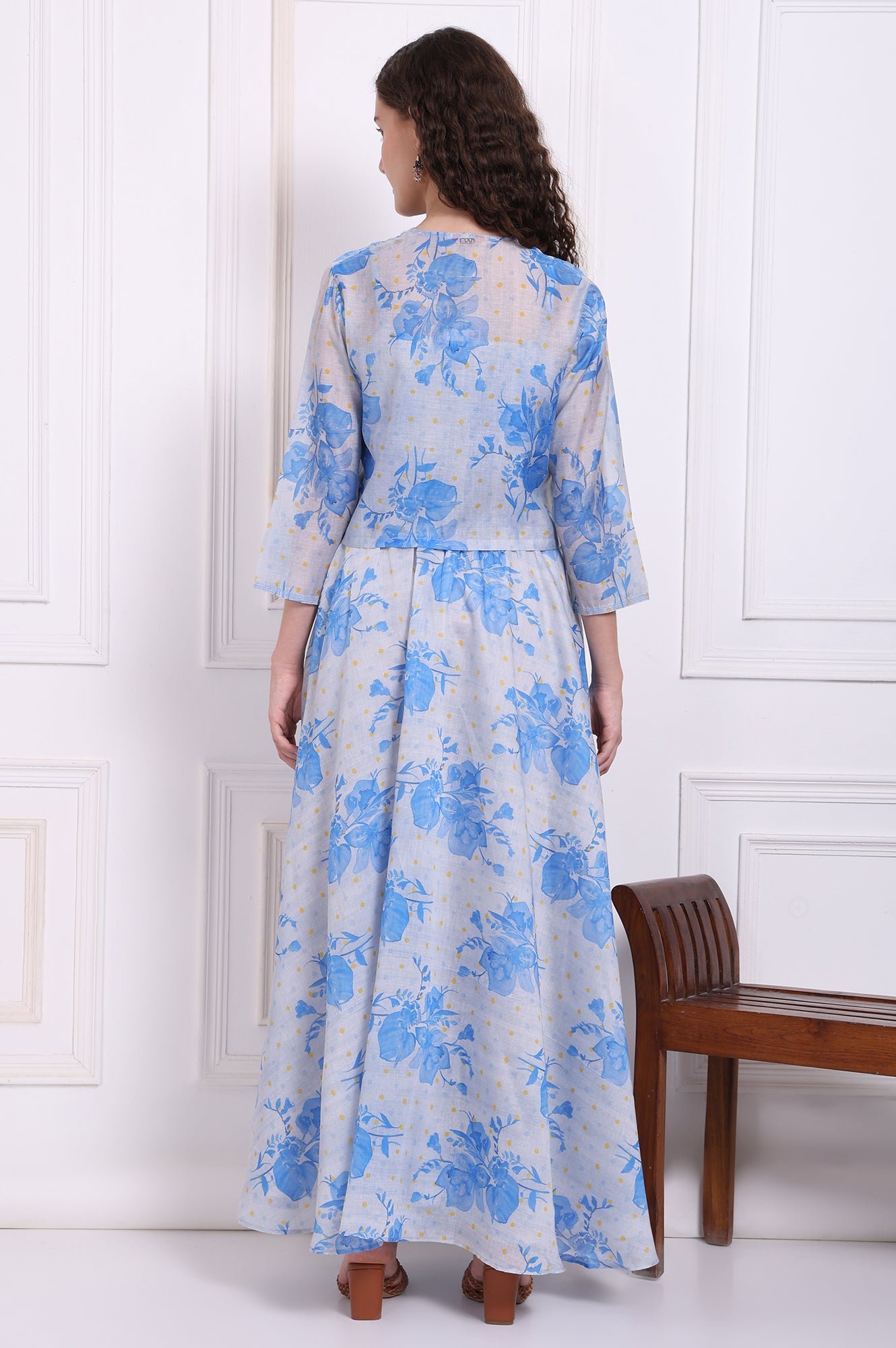 Dusty Blue Spaghetti Crop Top, Embroidered Jacket and Skirt Set