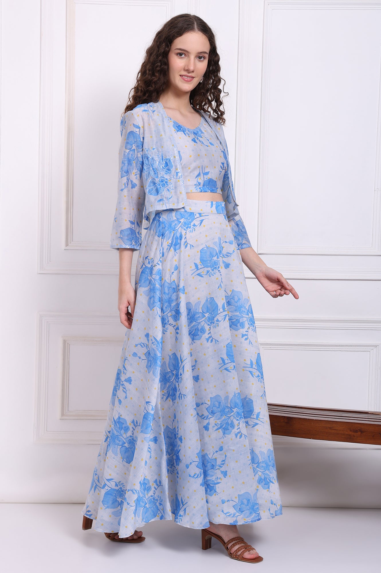 Dusty Blue Spaghetti Crop Top, Embroidered Jacket and Skirt Set