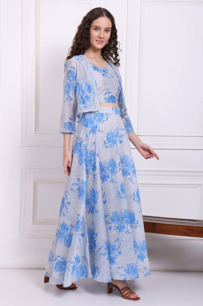 Dusty Blue Spaghetti Crop Top, Embroidered Jacket and Skirt Set