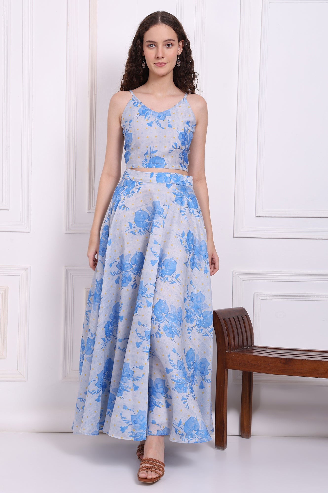 Dusty Blue Spaghetti Crop Top, Embroidered Jacket and Skirt Set