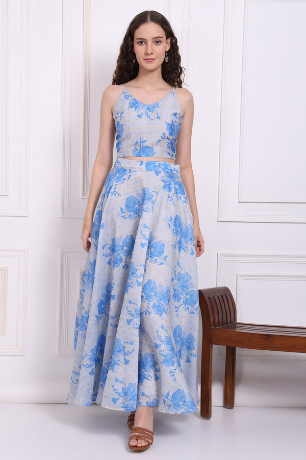 Dusty Blue Spaghetti Crop Top, Embroidered Jacket and Skirt Set