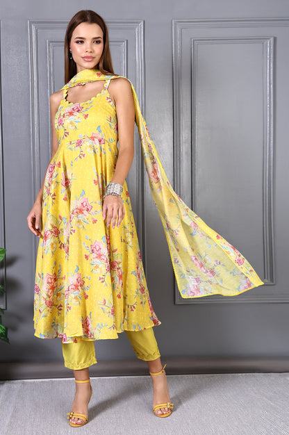 Yellow Floral Printed Beads Chanderi Flared Spaghetti Kurta, Pants and Dupatta Set