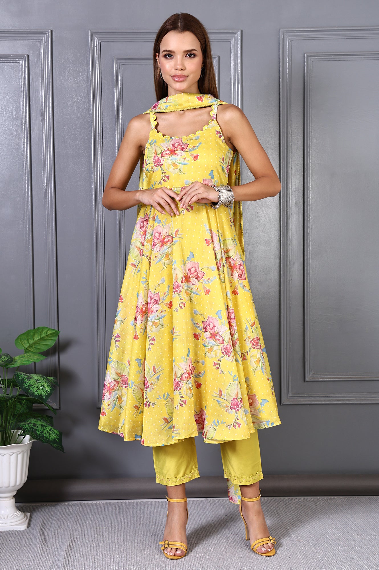 Yellow Floral Printed Beads Chanderi Flared Spaghetti Kurta, Pants and Dupatta Set