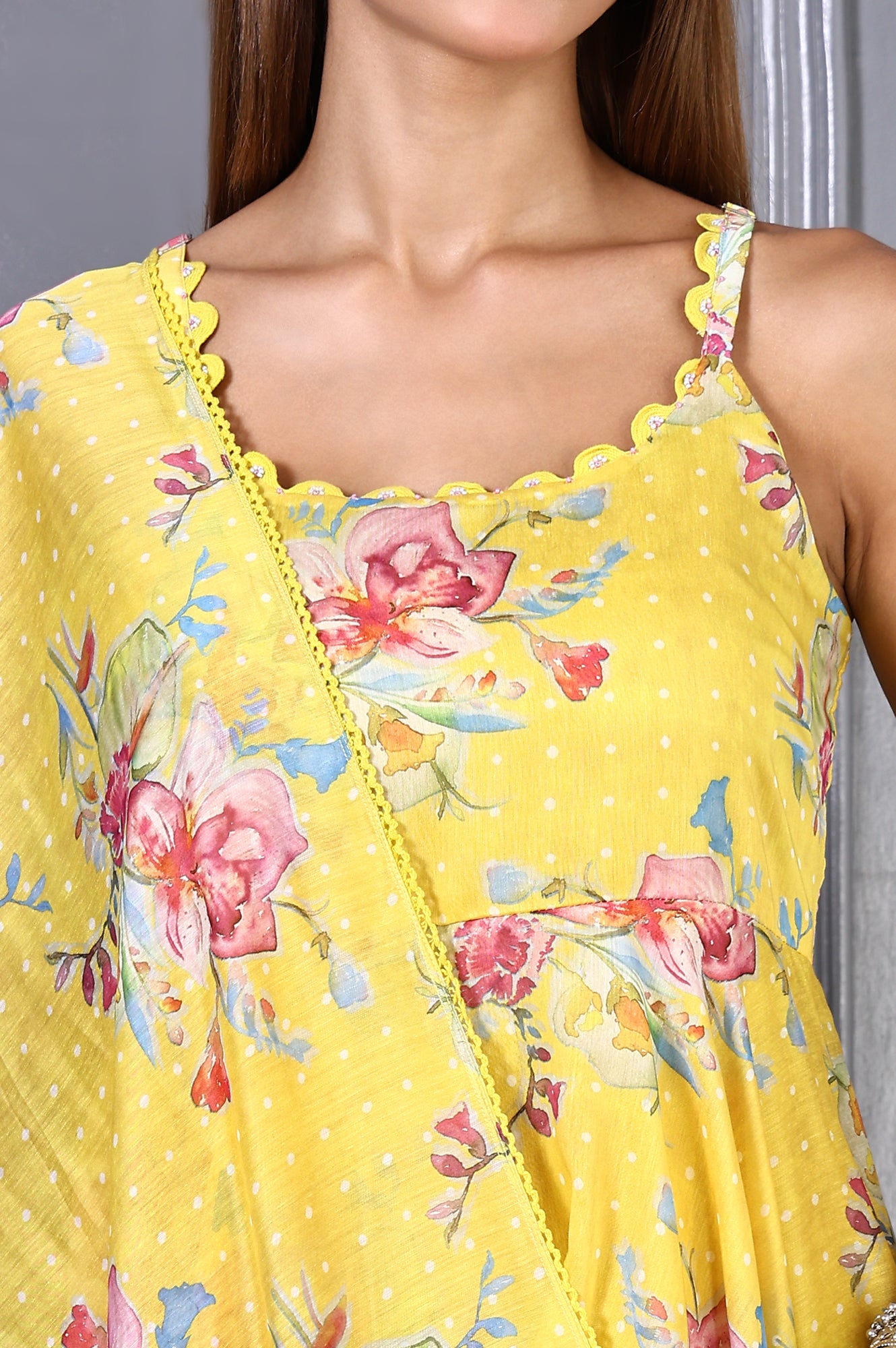 Yellow Floral Printed Beads Chanderi Flared Spaghetti Kurta, Pants and Dupatta Set