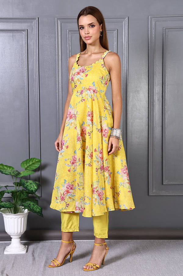 Yellow Floral Printed Beads Chanderi Flared Spaghetti Kurta, Pants and Dupatta Set