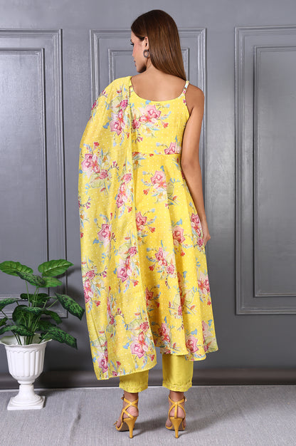 Yellow Floral Printed Beads Chanderi Flared Spaghetti Kurta, Pants and Dupatta Set
