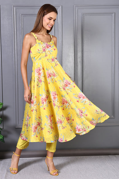 Yellow Floral Printed Beads Chanderi Flared Spaghetti Kurta, Pants and Dupatta Set