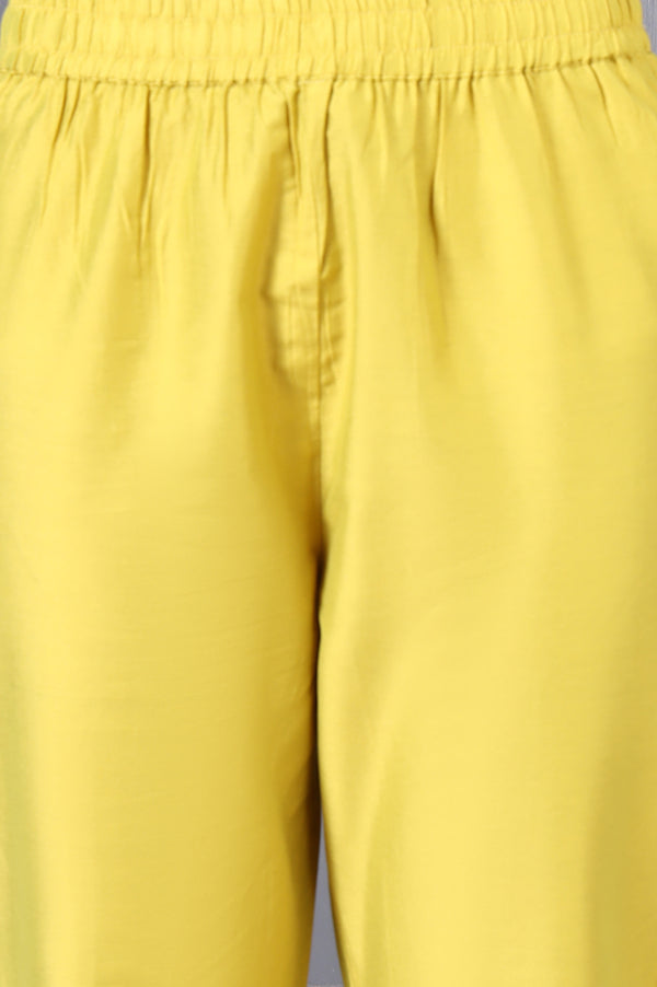 Yellow Floral Printed Beads Chanderi Flared Spaghetti Kurta, Pants and Dupatta Set