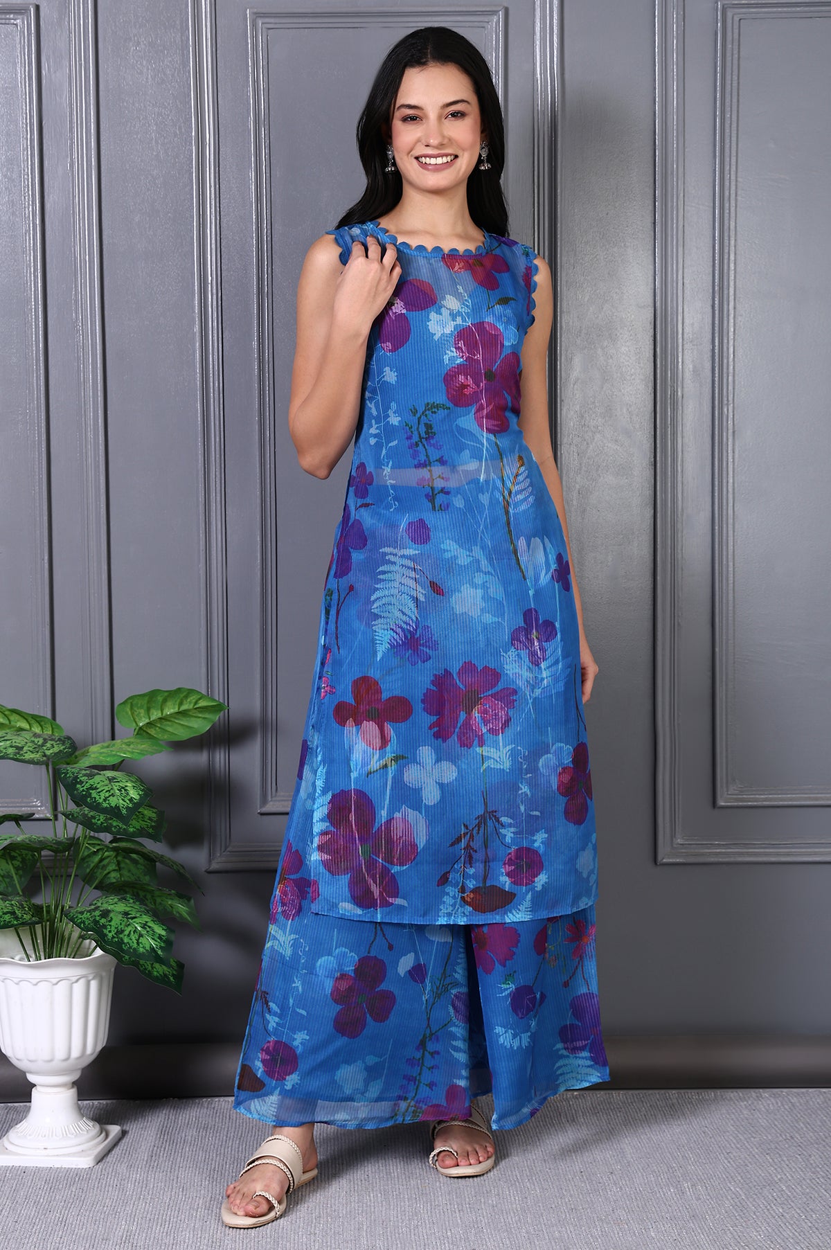 Blue Floral Printed Lace Straight Sheer Kurta, Crop Top and Pants Set - XL
