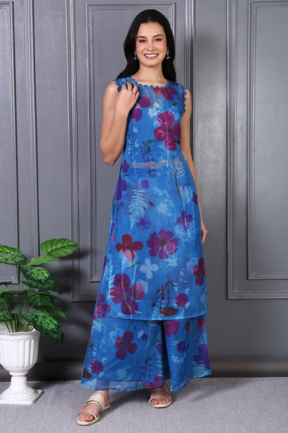Blue Floral Printed Lace Straight Sheer Kurta, Crop Top and Pants Set