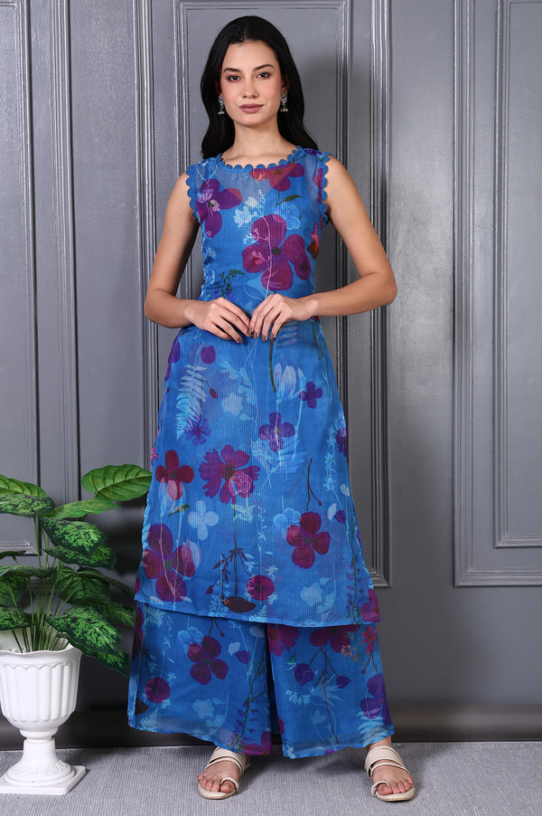 Blue Floral Printed Lace Straight Sheer Kurta, Crop Top and Pants Set