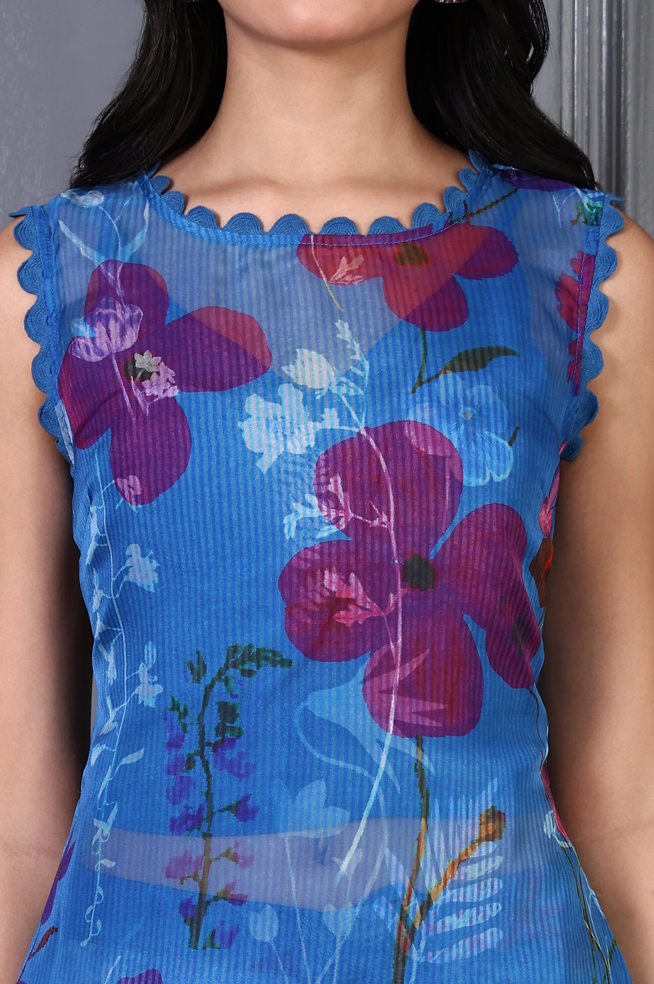 Blue Floral Printed Lace Straight Sheer Kurta, Crop Top and Pants Set