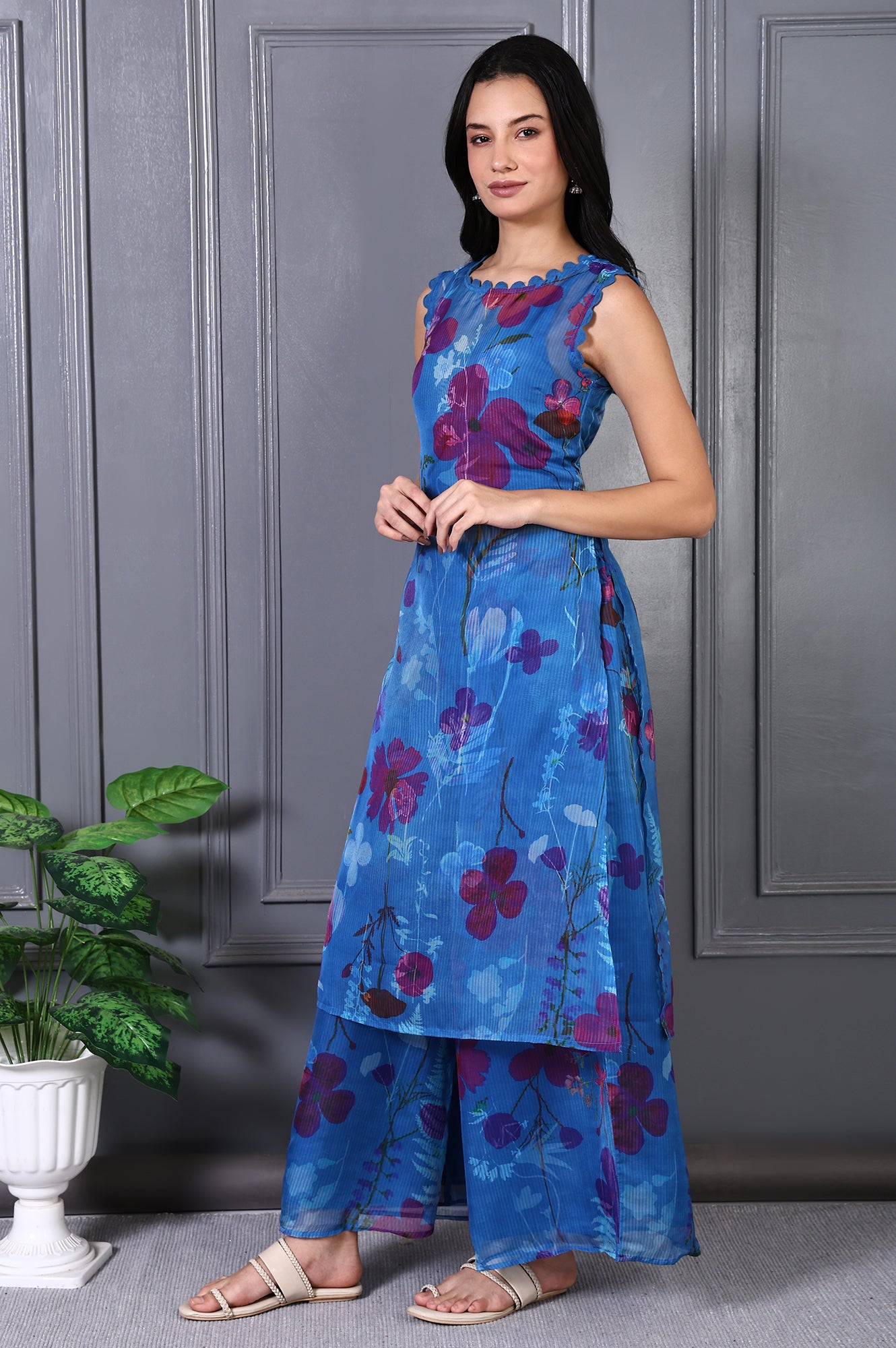 Blue Floral Printed Lace Straight Sheer Kurta, Crop Top and Pants Set