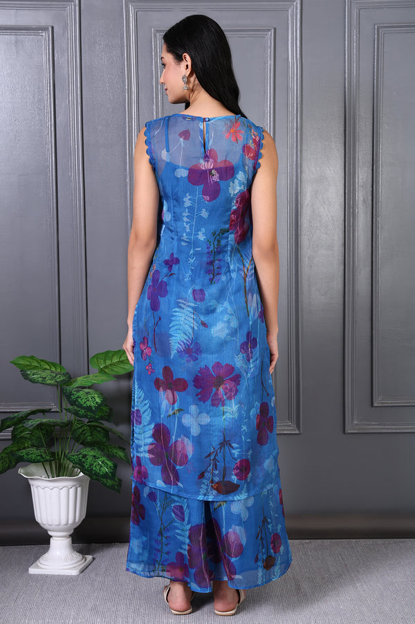 Blue Floral Printed Lace Straight Sheer Kurta, Crop Top and Pants Set
