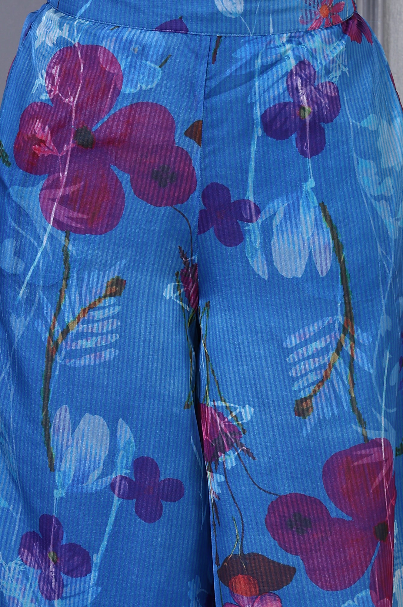 Blue Floral Printed Lace Straight Sheer Kurta, Crop Top and Pants Set