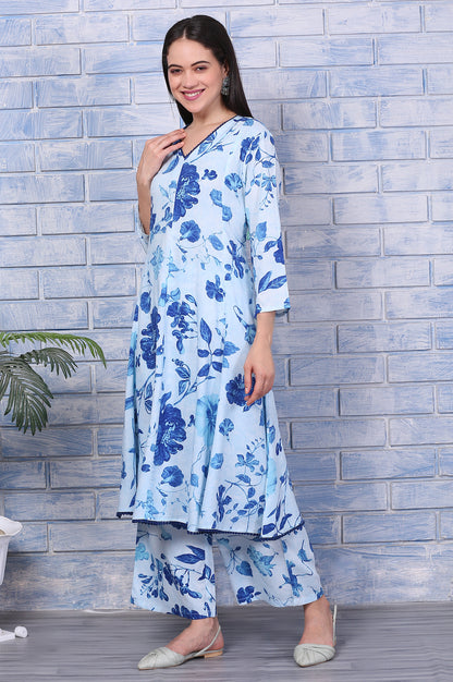 Blue Floral Printed Rayon Lace Flared Kurta, Pants and Dupatta Set