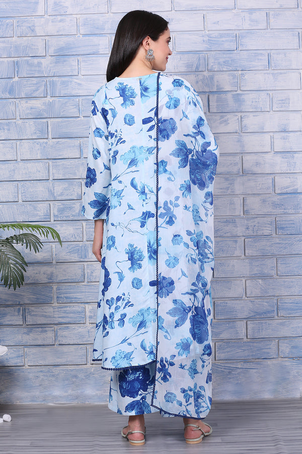 Blue Floral Printed Rayon Lace Flared Kurta, Pants and Dupatta Set