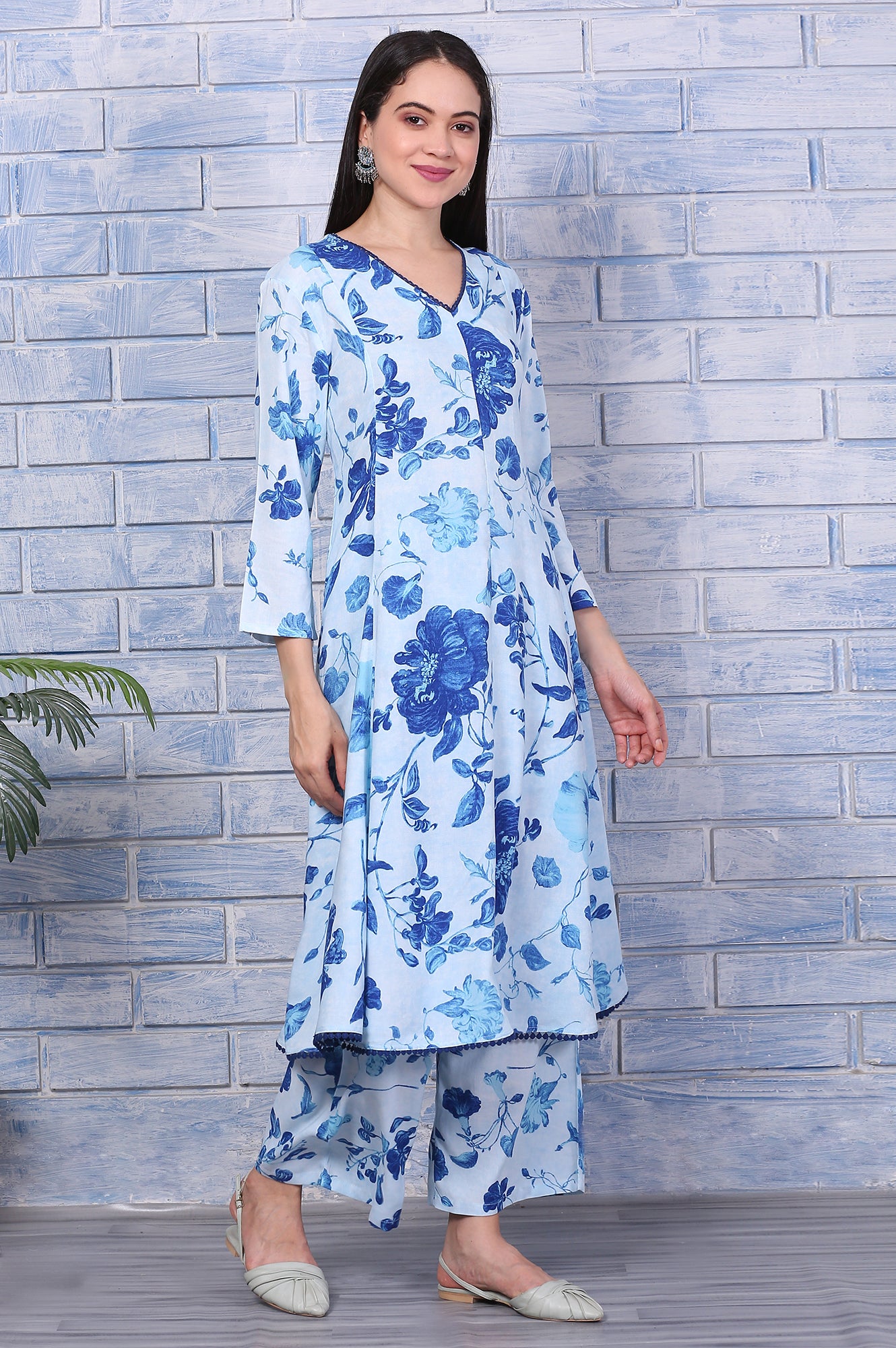 Blue Floral Printed Rayon Lace Flared Kurta, Pants and Dupatta Set