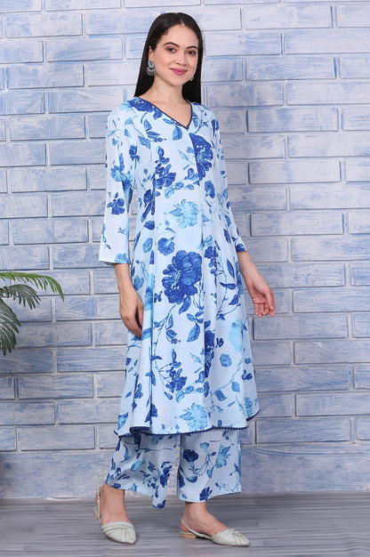 Blue Floral Printed Rayon Lace Flared Kurta, Pants and Dupatta Set