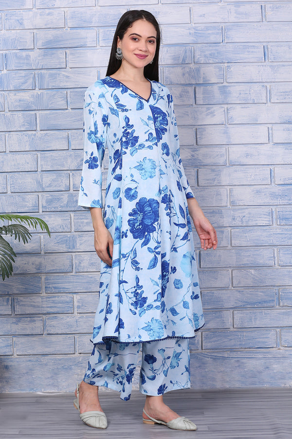 Blue Floral Printed Rayon Lace Flared Kurta, Pants and Dupatta Set