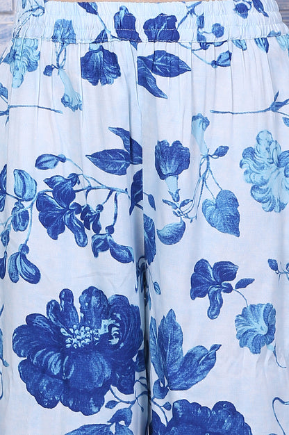 Blue Floral Printed Rayon Lace Flared Kurta, Pants and Dupatta Set