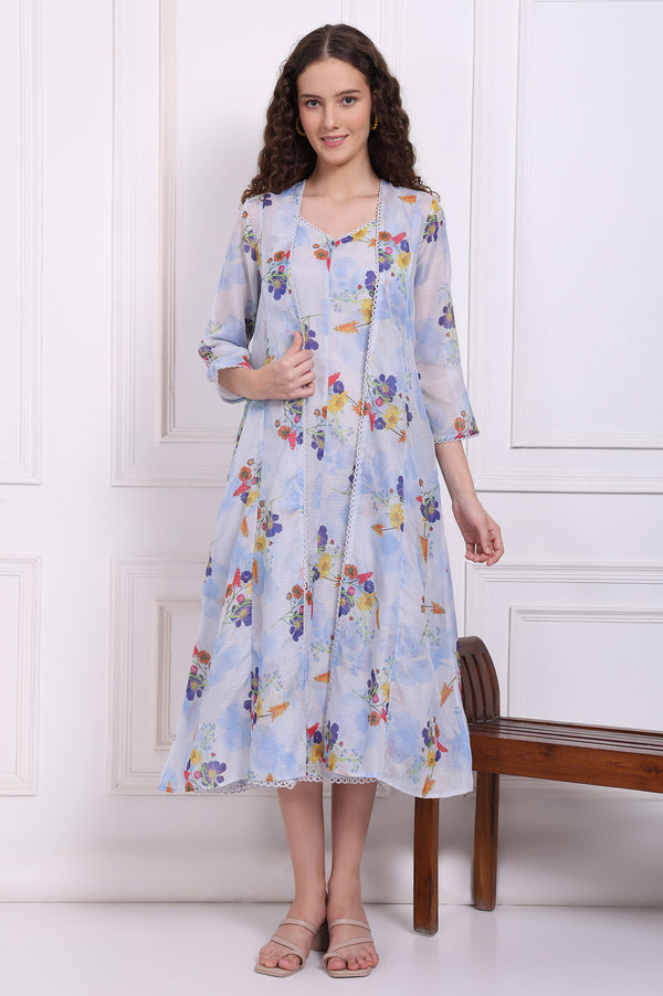 Light Blue Floral Printed Kota Spaghetti Dress and Jacket Set