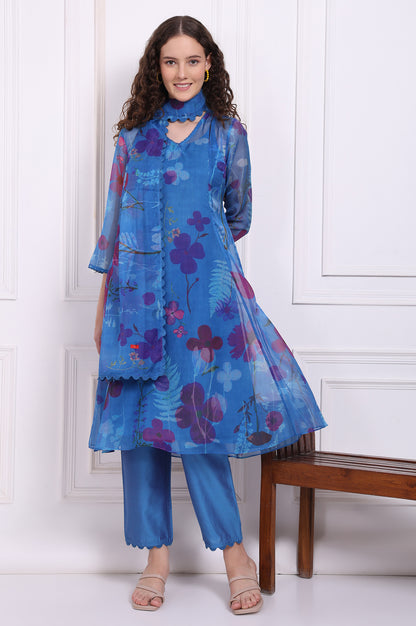 Blue Floral Printed Organza Flared Kurta, Pants and Dupatta Set