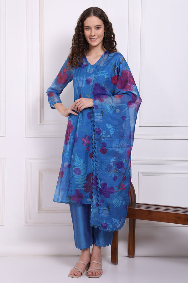 Blue Floral Printed Organza Flared Kurta, Pants and Dupatta Set