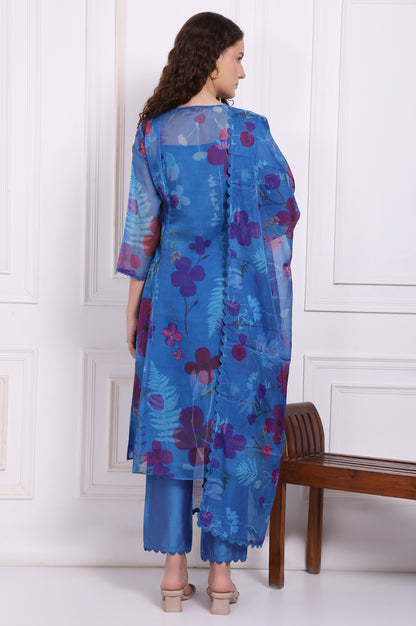 Blue Floral Printed Organza Flared Kurta, Pants and Dupatta Set