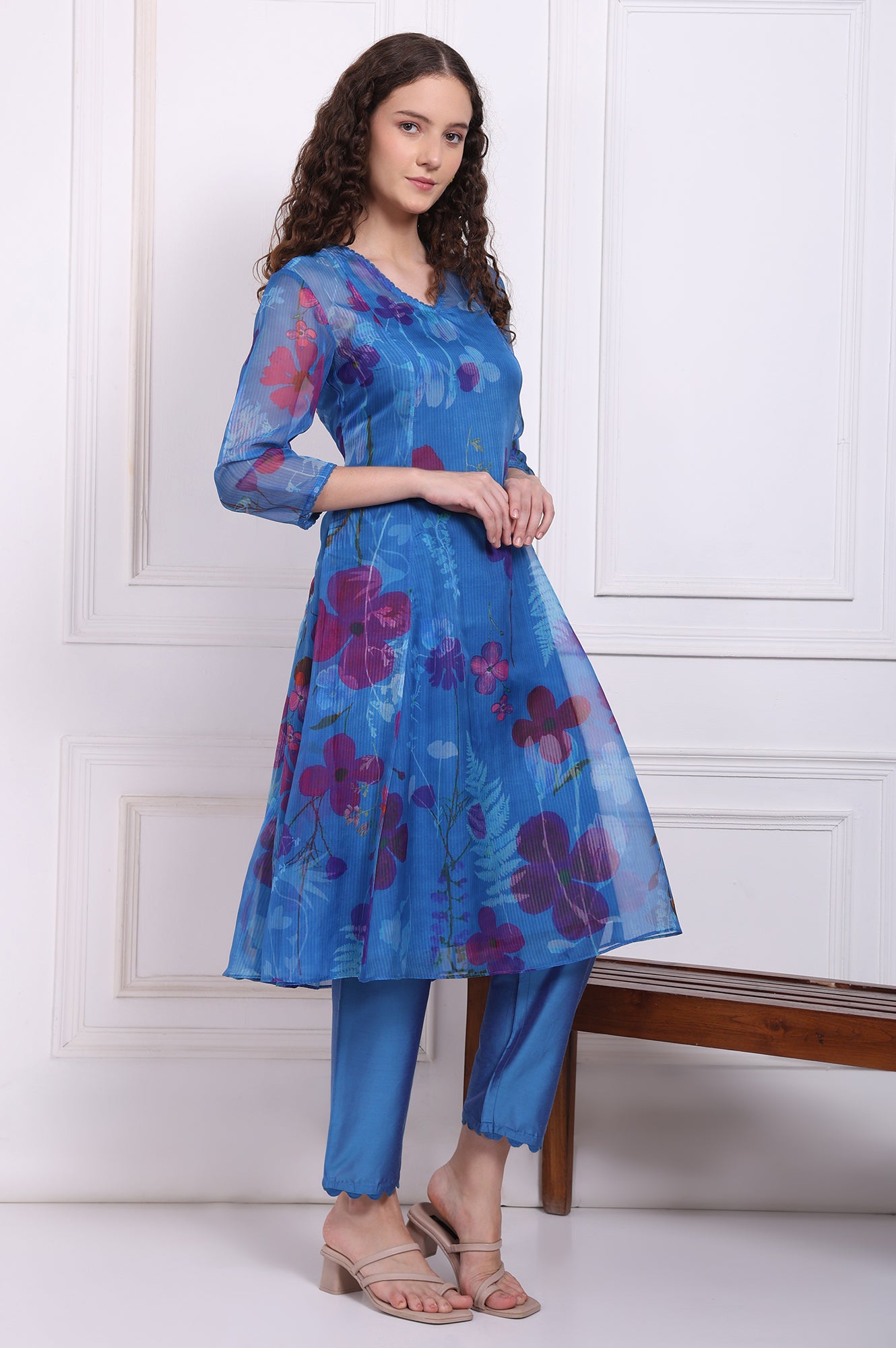 Blue Floral Printed Organza Flared Kurta, Pants and Dupatta Set